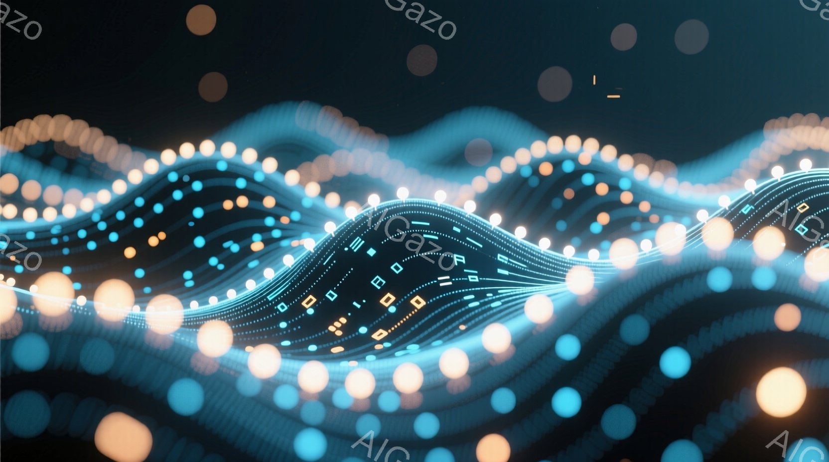 鮮やかな青とオレンジの光点が、まるでデジタルな波のようにうねる様子が描かれています。光点は細かい線で繋がれており、抽象的で未来的な印象を与えます。暗い背景が光の波を際立たせ、流動的で幻想的な雰囲気を醸し出しています。