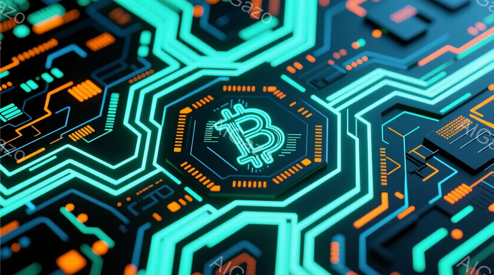 この画像は、複雑な回路基板のような背景に、ビットコインのシンボルが中央に大きく配置されたものです。鮮やかなネオンカラー（ターコイズブルー、オレンジ、エメラルドグリーン）が用いられ、未来的なテクノロジーの雰囲気を醸し出しています。回路は奥行きのある立体的な表現で、光沢があり、現代的なデジタル金融のイメージを強調しています。