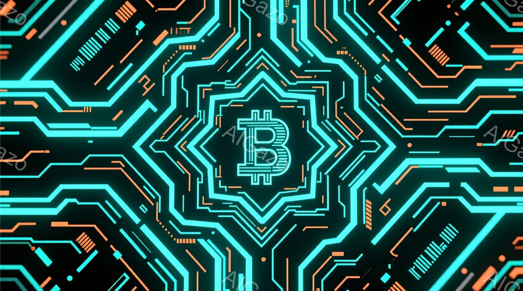 鮮やかな緑とオレンジ色の回路が複雑に絡み合い、中心にビットコインのロゴが描かれています。回路は幾何学的なパターンで構成され、未来的なテクノロジーやデジタル通貨を連想させます。全体的に、クールでモダン、 - AI生成フリー素材