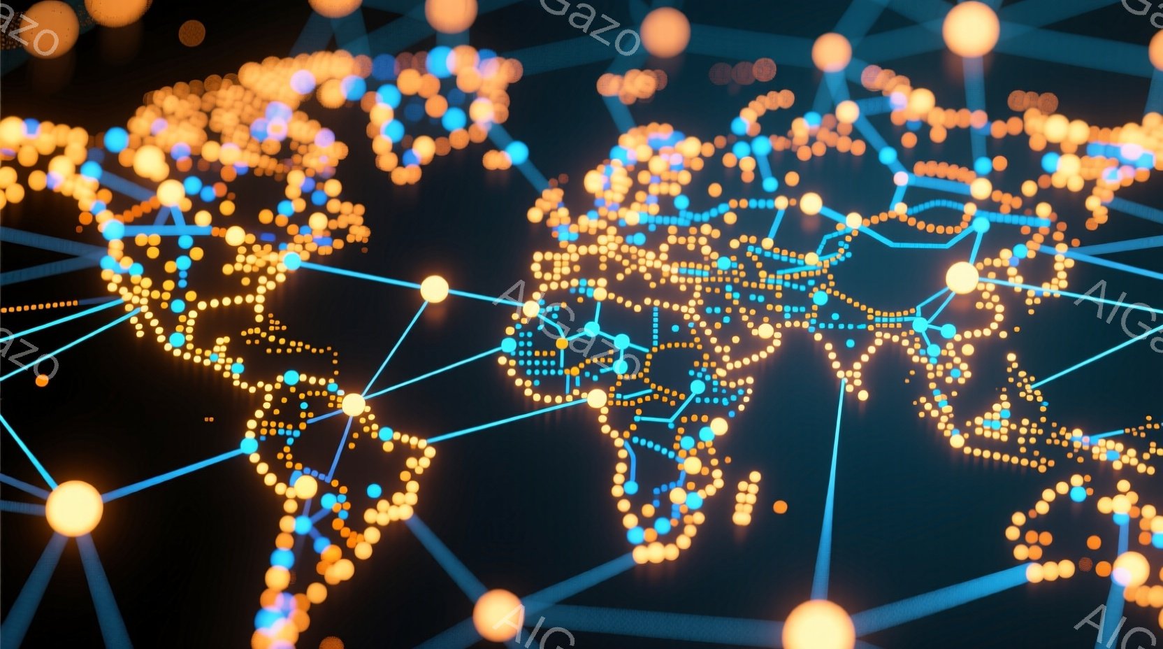 この画像は、暗い青色の背景に地球儀を表現したもので、世界中の主要な都市や地域が明るいオレンジ色の光の点として表示されています。これらの光の点は、細い青い線で繋がれており、グローバルネットワークや接続性を強調しています。全体的に、現代的で未来的な雰囲気であり、データ通信やテクノロジーの発展を連想させます。