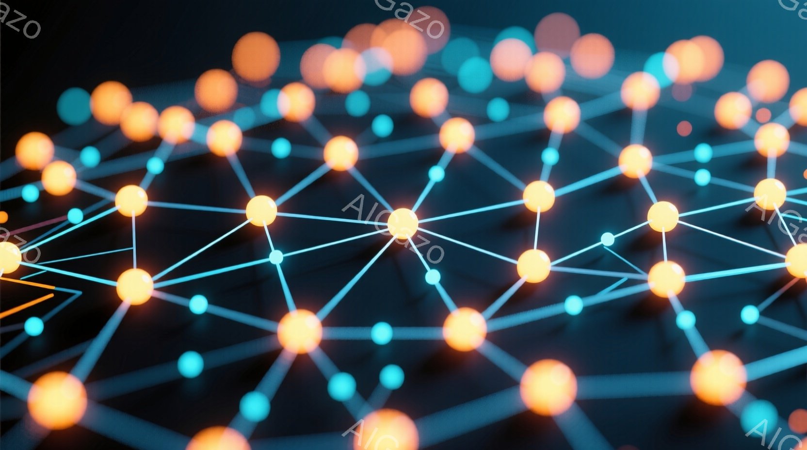 鮮やかなオレンジ色の球体が、青い線で結ばれて網の目のような構造を形成しています。背景は暗いグレーで、球体は光を放ち、まるでネットワークや接続の概念を視覚化したかのようです。全体的に、未来的で技術的な雰 - AI生成フリー素材