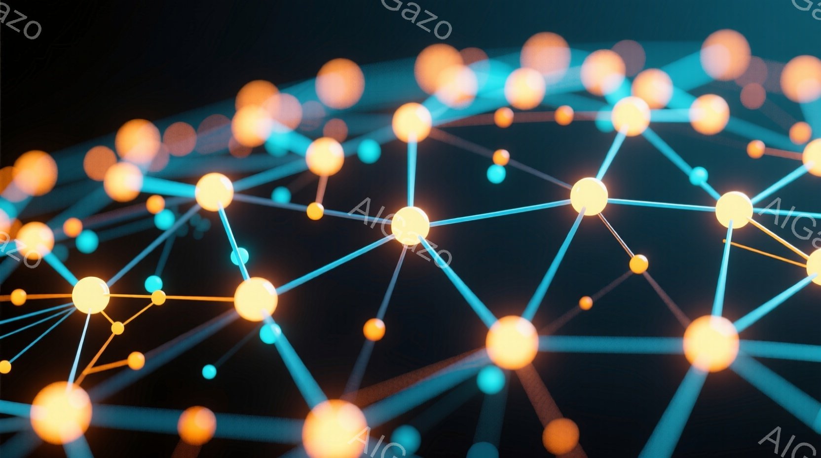 鮮やかなオレンジと青色の光点が線で結ばれ、複雑なネットワークを形成している様子が描かれている。背景は暗く、光点が際立って見えるため、まるで宇宙空間やデジタル世界の構造を表現しているかのようだ。全体的に - AI生成フリー素材