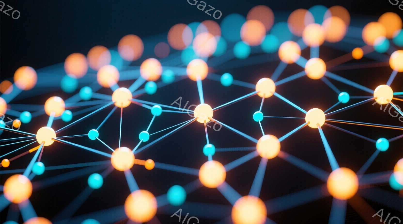 この画像は、暗い背景に浮かぶ、光る球体と線で構成されたネットワークを捉えています。オレンジ色と水色の球体が複雑に繋がり、まるで神経細胞や通信回線のようにも見えます。全体的に未来的な雰囲気で、テクノロジーや情報社会を象徴しているかのようです。