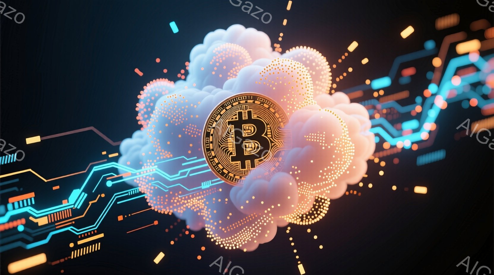 鮮やかなネオンカラーの回路が暗い背景に複雑に広がっており、中央にはビットコインのシンボルが浮かび上がっています。ビットコインのシンボルは、まるで脳の神経細胞のように見える光の粒子で構成され、テクノロジ - AI生成フリー素材