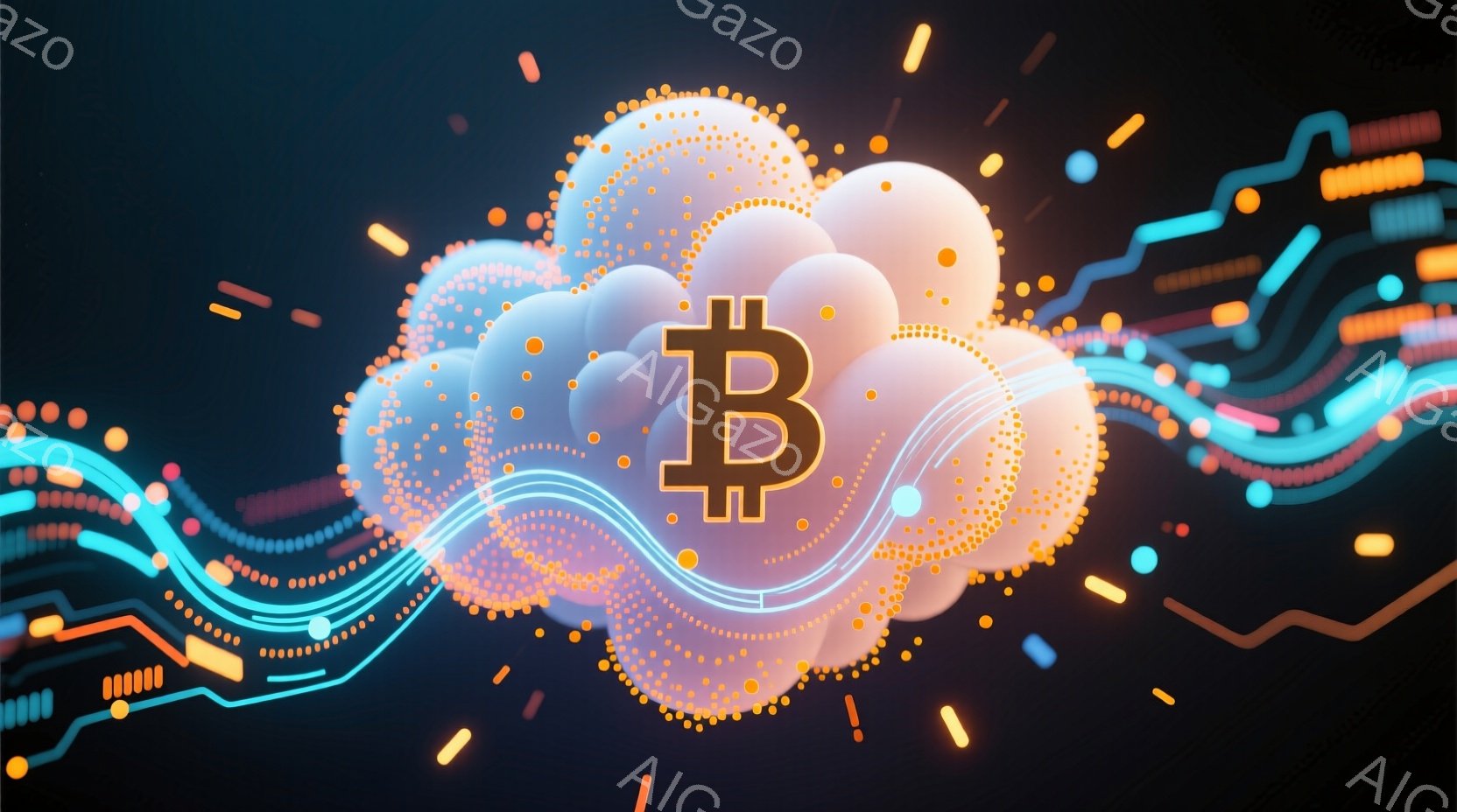 暗い背景に、ビットコインの記号が光る粒子で構成された雲の中に浮かび上がっています。鮮やかな青、ピンク、オレンジの光の帯が、ビットコインの周りを曲線的に動き、ダイナミックな印象を与えます。全体的に未来的 - AI生成フリー素材