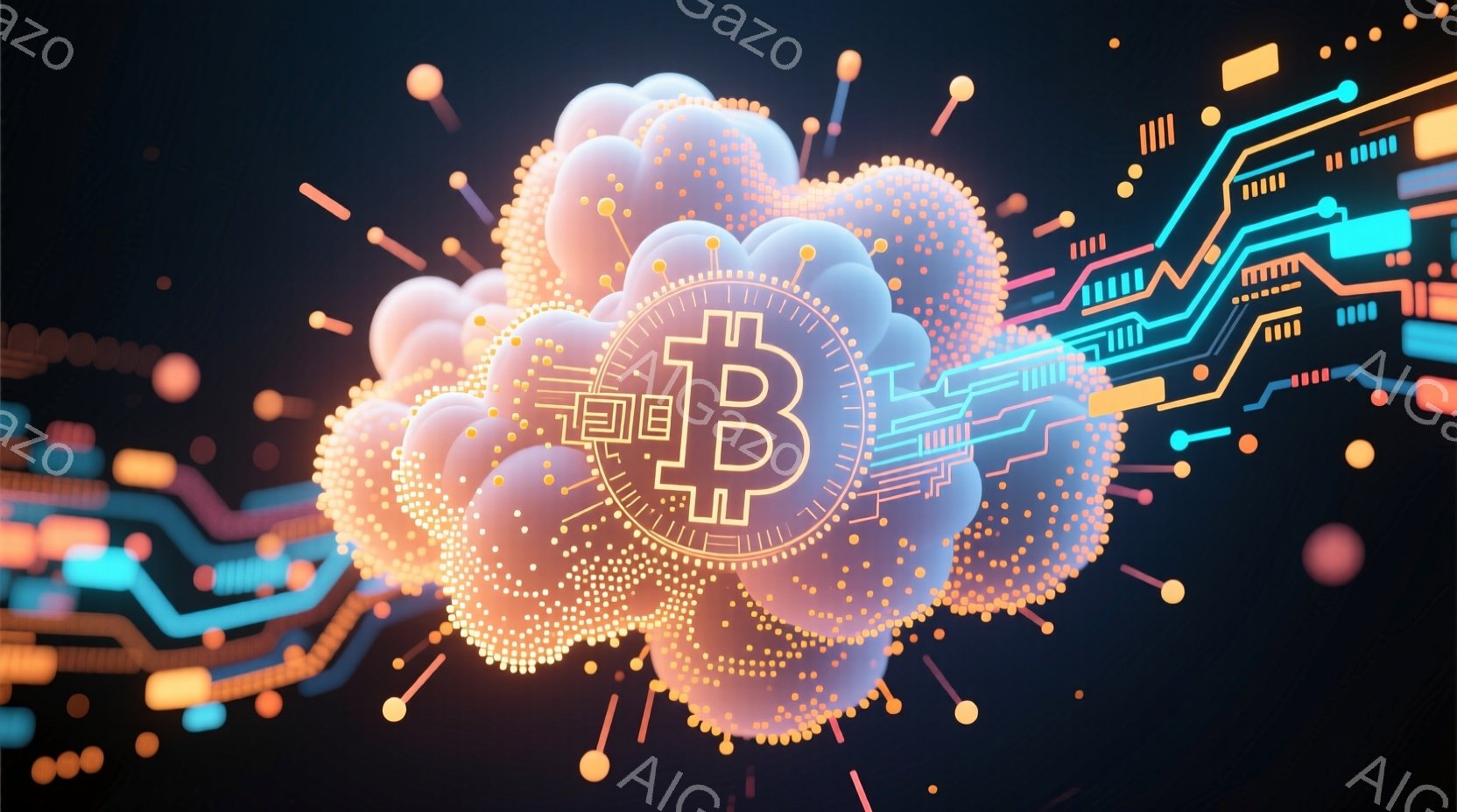 画像は、暗い背景にビットコインの記号が散りばめられた粒子状の雲で構成されています。鮮やかな青、オレンジ、ピンクの線が雲の周囲に複雑な回路パターンを描き、未来的な印象を与えます。全体的に、テクノロジー、金融、デジタル通貨を想起させる、ダイナミックでモダンな雰囲気です。