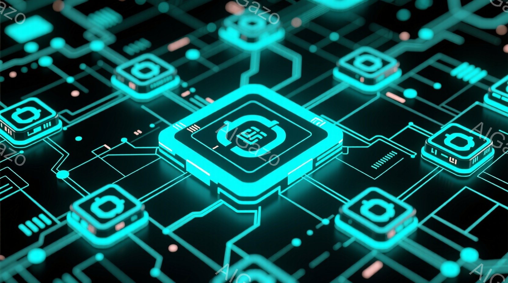 鮮やかなターコイズブルーの回路基板が、奥行きのある背景を構成しています。基板には、発光するシンボルが刻印された正方形のチップが等間隔に配置されており、未来的な技術感を強調しています。全体的にクールで、デジタル世界の内部構造を表現したような、洗練された雰囲気です。