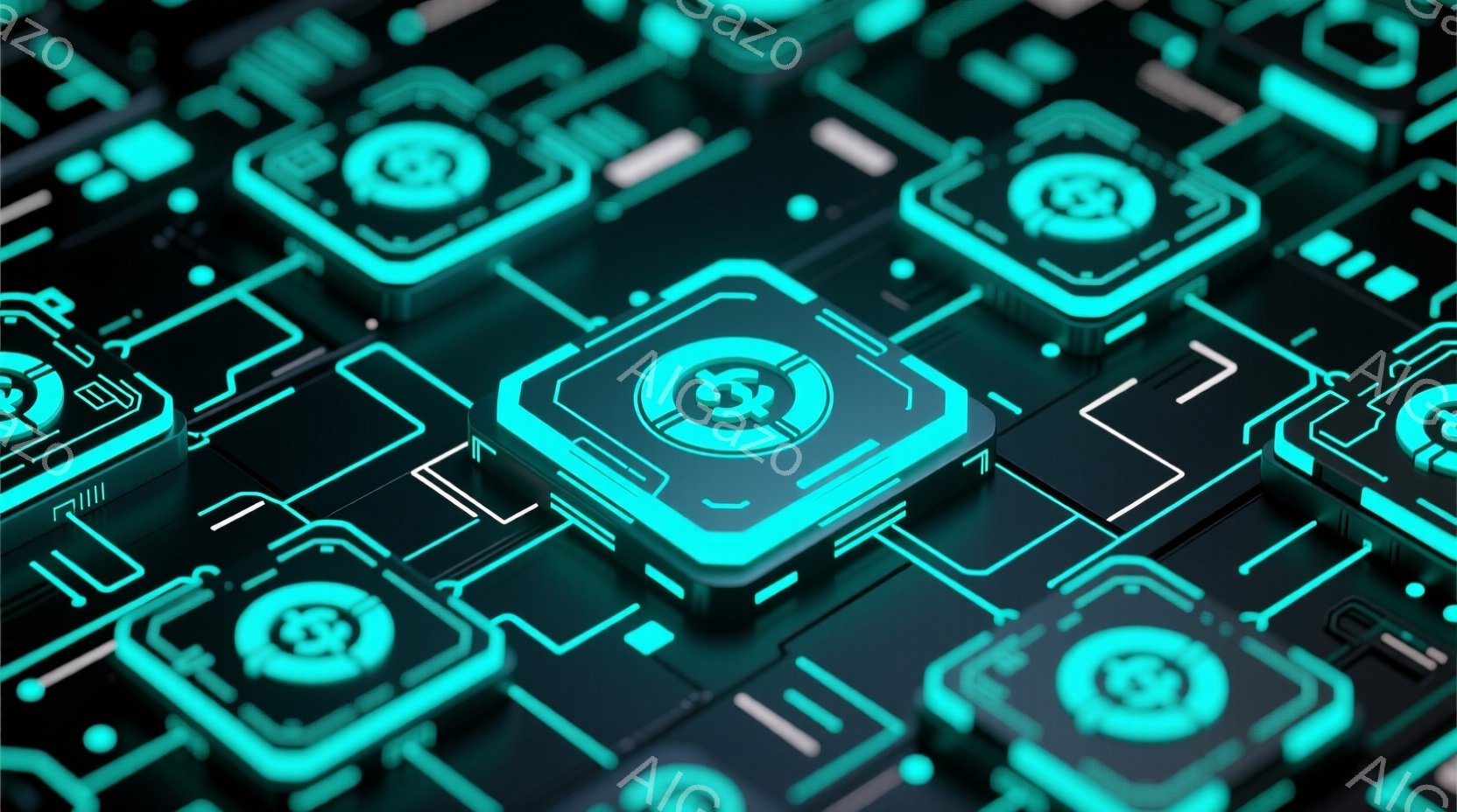 鮮やかなネオンブルーの回路基板が、複雑に組み合わさって広がる様子が描かれています。各回路は四角形をベースにしており、内部には円形のターゲットのようなデザインが施されています。全体的に未来的な雰囲気で、 - AI生成フリー素材