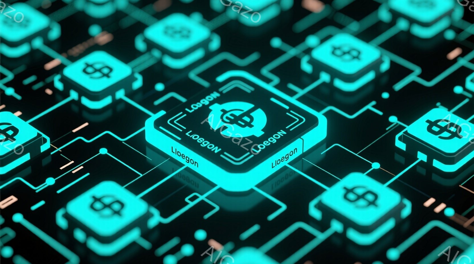 鮮やかなターコイズブルーと濃い青色が印象的な、未来的なネットワークのイメージです。幾何学的な図形が格子状に連なり、その中心には「Loegon」と書かれたロゴが配置されています。光沢のある質感と影の効果が、奥行きと立体感を強調し、先進的なテクノロジーの雰囲気を醸し出しています。