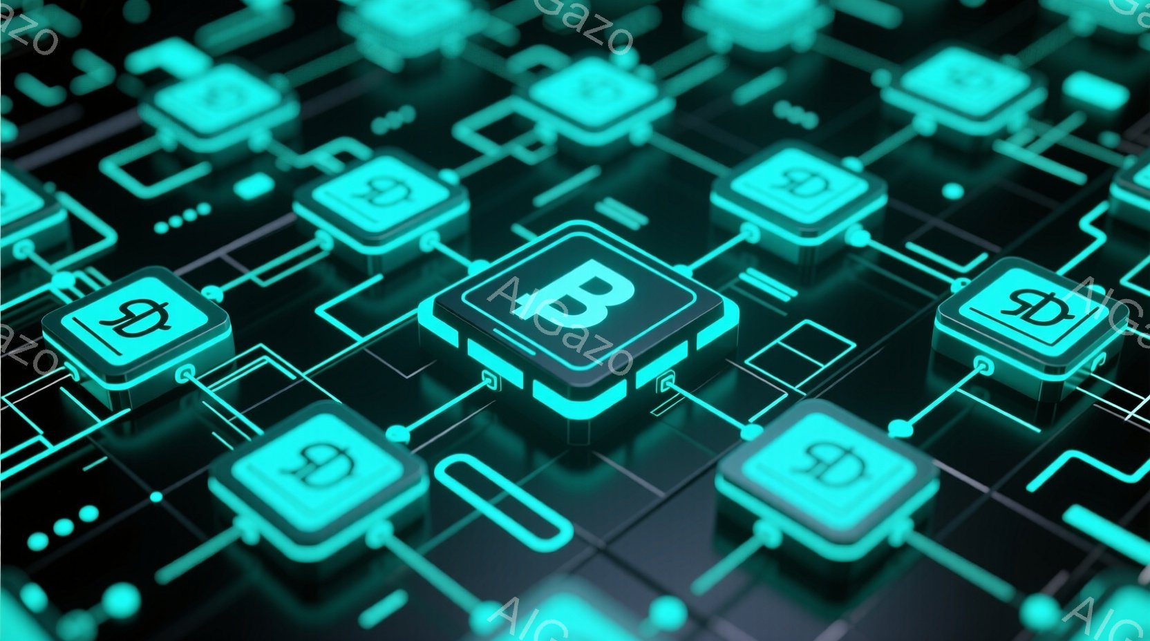 鮮やかなターコイズブルーを基調とした画像で、ビットコインの記号「₿」が描かれた立方体が、複雑な回路パターンの中に配置されている。立方体は、光沢のある表面を持ち、回路線と接続されており、未来的なテクノロジーや暗号通貨の世界を連想させる。全体的に、デジタルネットワークや金融の革新的な側面を強調した、洗練された印象を与える。