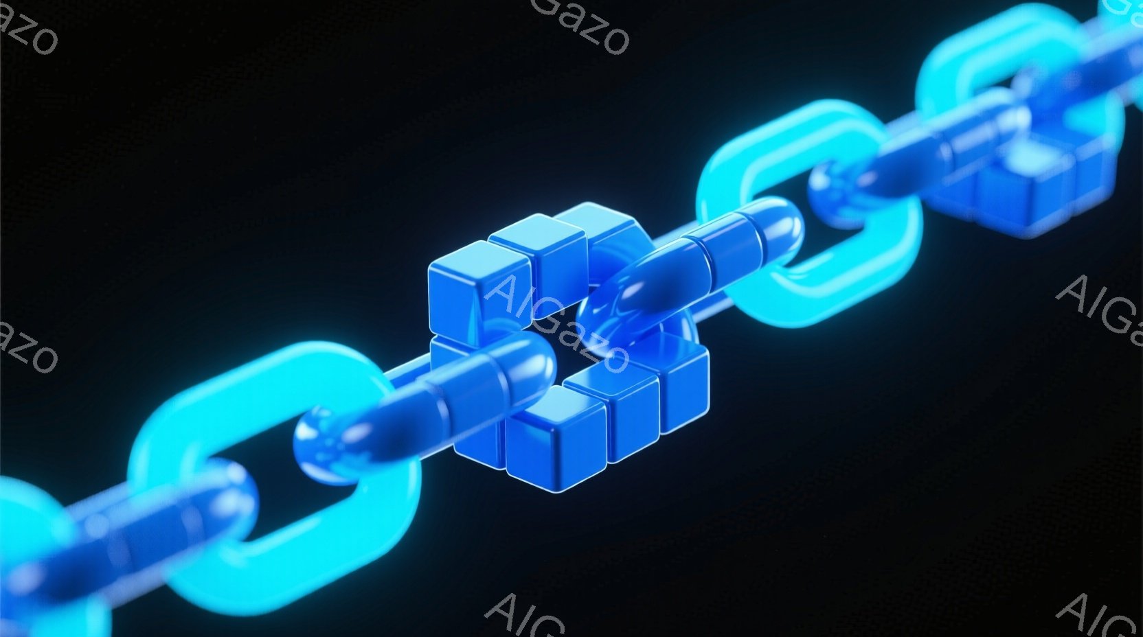 明るい水色の繋ぎリンクが、黒色の背景に浮かび上がっています。各リンクは角張った立方体で構成され、光沢があり、未来的な印象を与えます。全体的に、シンプルながらも力強く、繋がりや連鎖を象徴するイメージです。