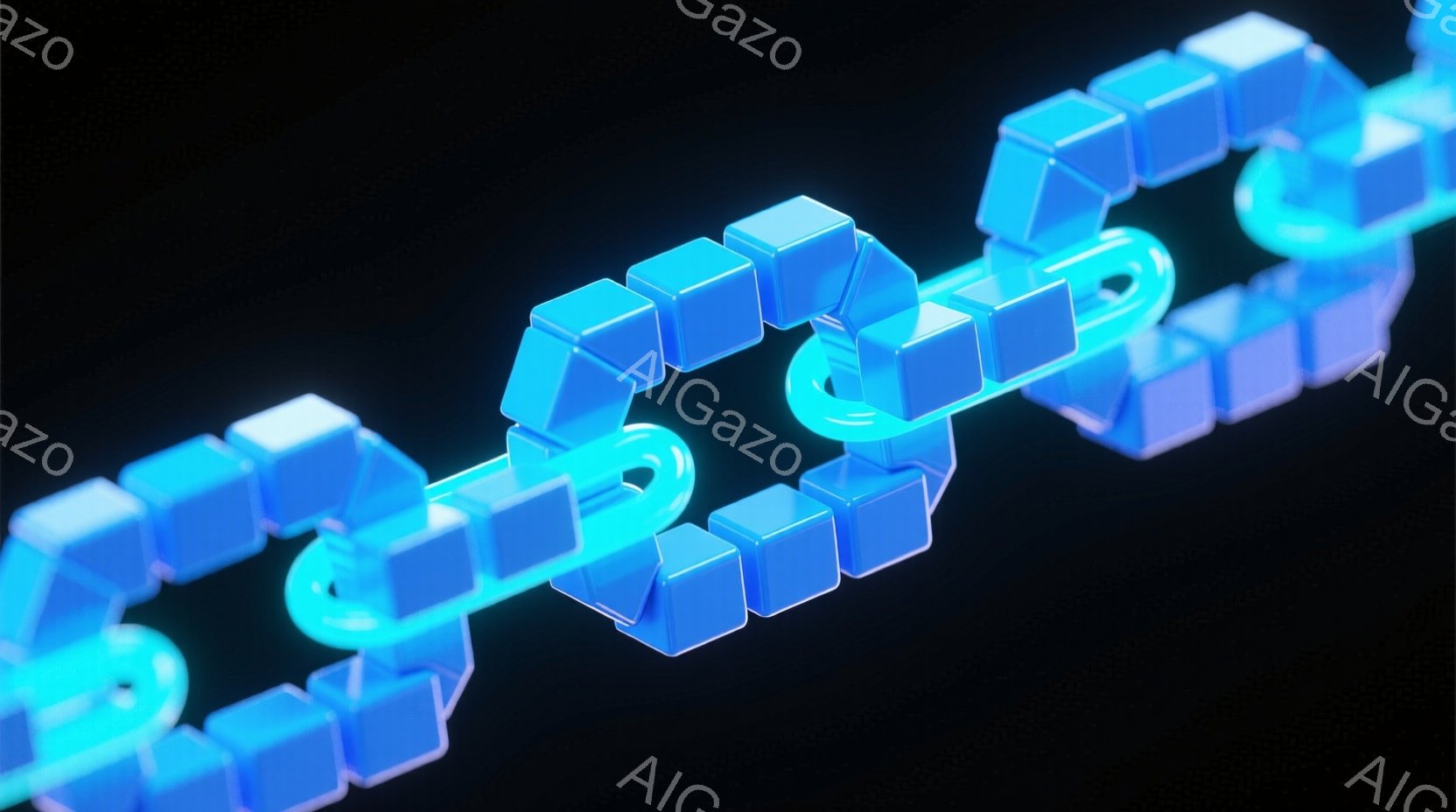 鮮やかな青色のブロックが連なった鎖が、暗い背景に浮かび上がっています。ブロックは角ばっており、光沢があり、未来的な印象を与えます。鎖は奥行きのある空間に配置され、鮮明な影が落とされています。