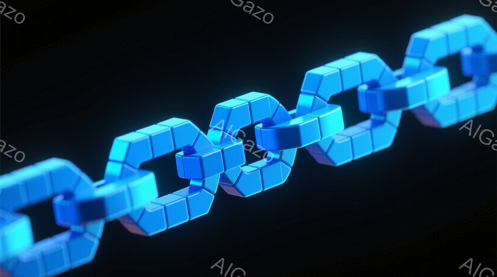 鮮やかな水色のブロックが連なった鎖が、暗い背景に浮かび上がっています。各ブロックは角張った形状で、光沢があり、まるでデジタルな彫刻のようです。全体的に近未来的で、クールな印象を与えます。