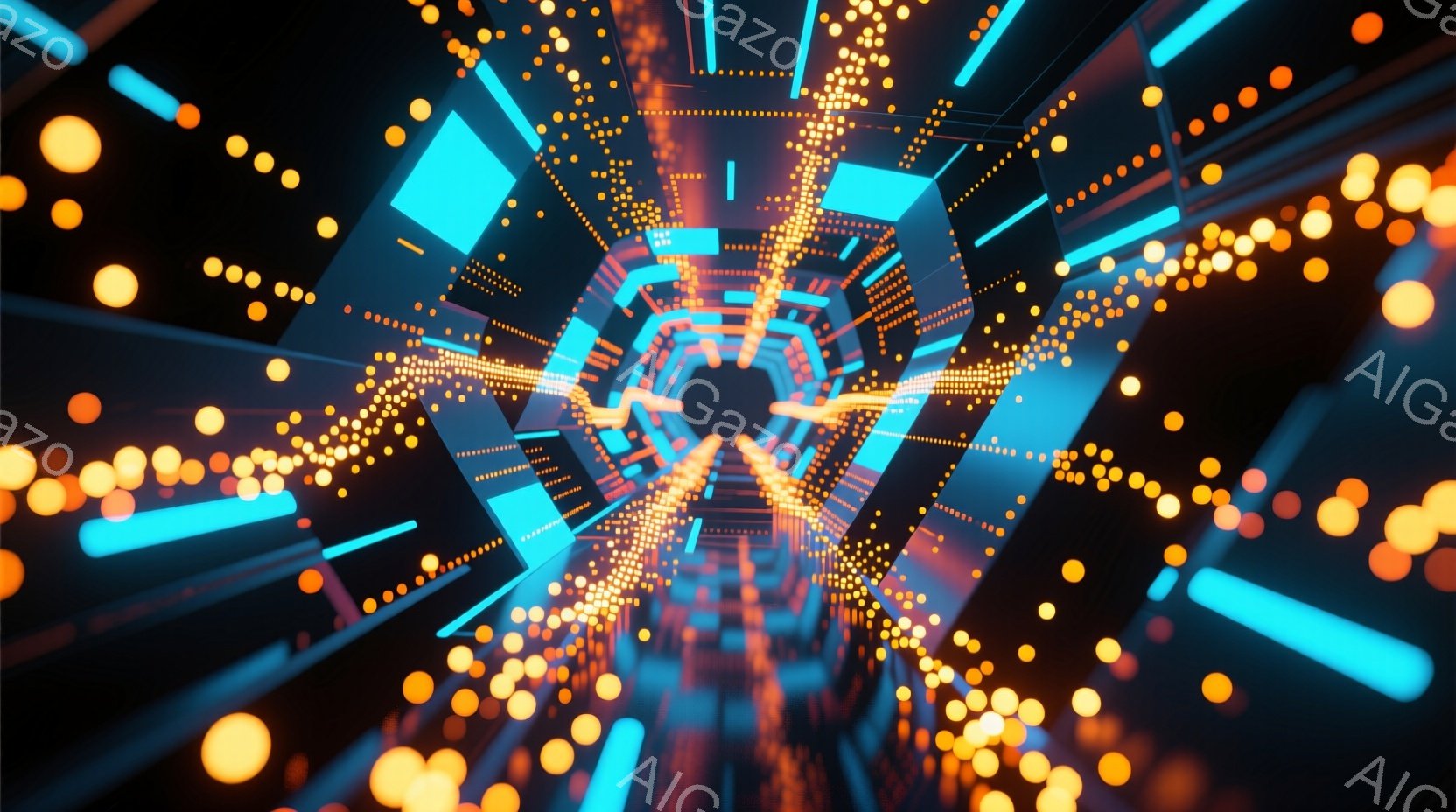 この画像は、眩い光のトンネルを表現しており、無数のオレンジと黄色の光点が暗闇の中で浮遊し、未来的な雰囲気を醸し出しています。トンネルは幾何学的な構造を持ち、青い光のラインがアクセントとなり、奥行きと速 - AI生成フリー素材