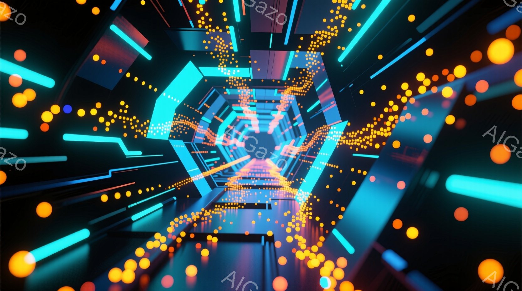 鮮やかなネオンカラーのトンネルが、奥行きのある視覚的な空間を作り出しています。無数の光の粒子がトンネル内を飛び交い、未来的なエネルギーを感じさせます。青とオレンジの強いコントラストが、サイバーパンク風の没入感を高めています。