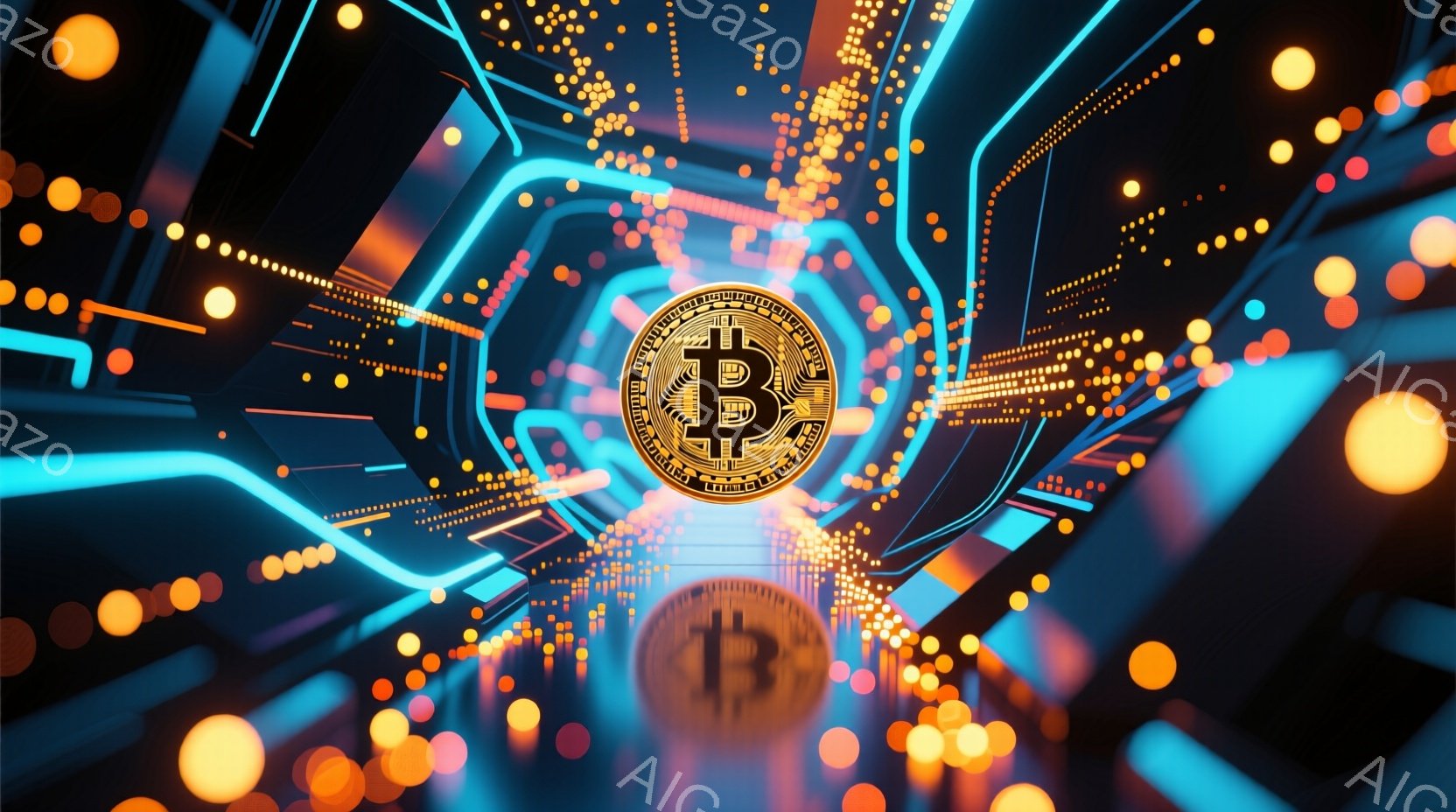 この画像は、暗い背景にネオンカラーの光のトンネルが描かれており、その中心にビットコインのロゴが輝いています。光の線は未来的な回路を連想させ、ビットコインを包み込むように放射状に広がっています。全体的に - AI生成フリー素材