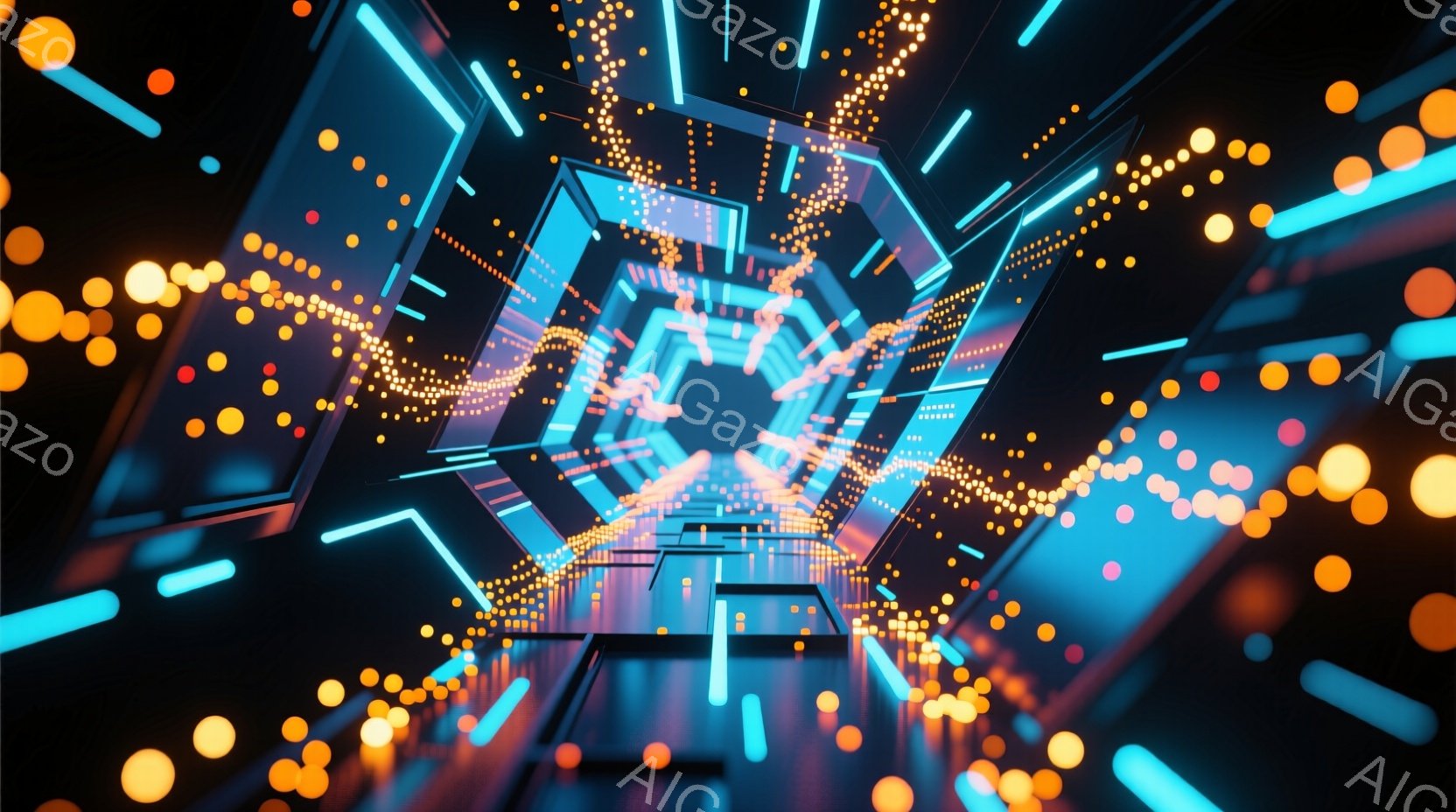 この画像は、青とオレンジの光が輝く、未来的なトンネル内部を描いています。無数の小さな光点がトンネル全体に散らばり、まるで星空のような幻想的な空間を作り出しています。トンネルは多角形で構成され、その内部は青い光の線によって強調され、サイバーパンク風の雰囲気を醸し出しています。