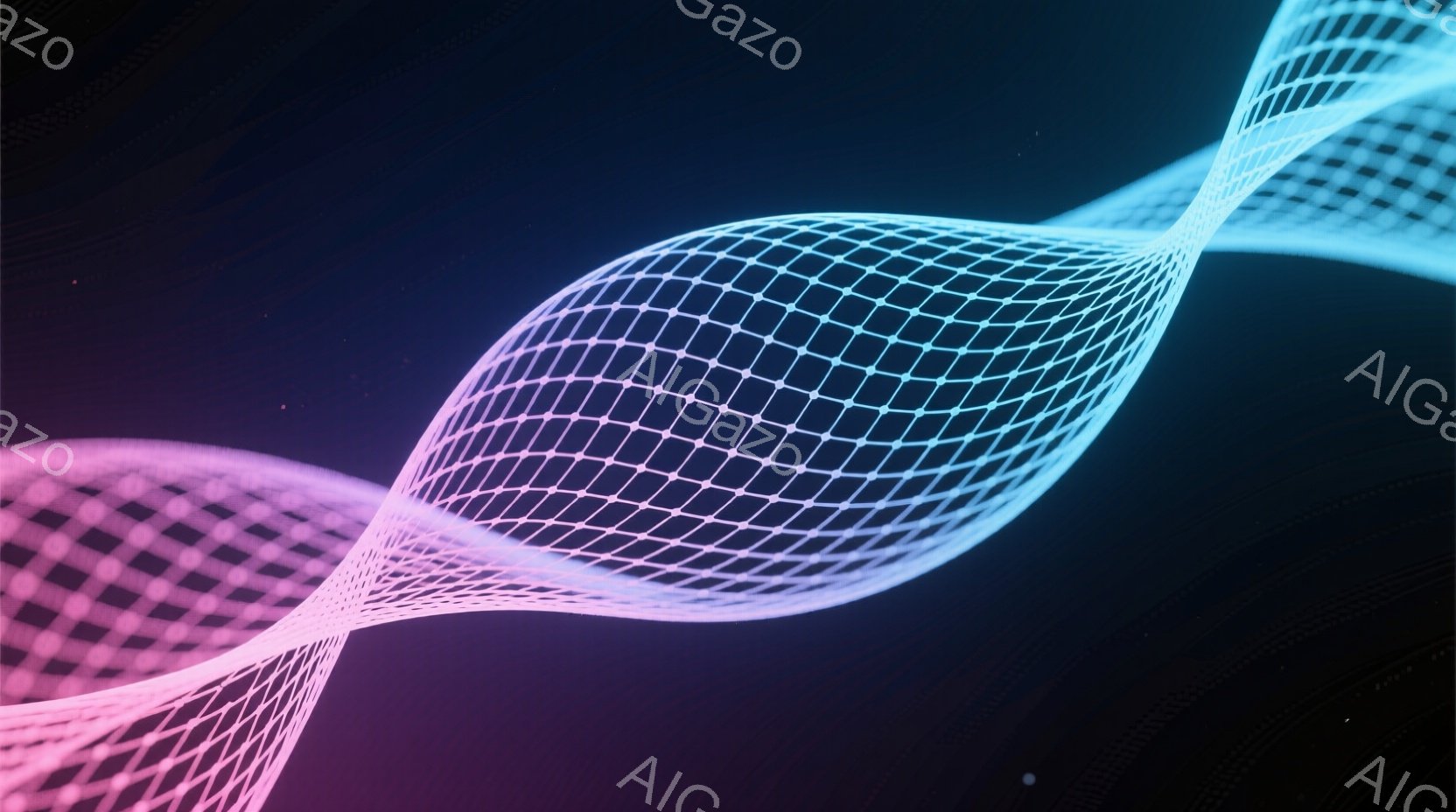 画像は、ピンクと水色の光の線がねじれて絡み合った、まるでDNAのような抽象的なデザインです。暗い紫色の背景に、微かな光の粒子が散りばめられており、未来的な雰囲気と神秘的な印象を与えます。光の線は光沢が - AI生成フリー素材