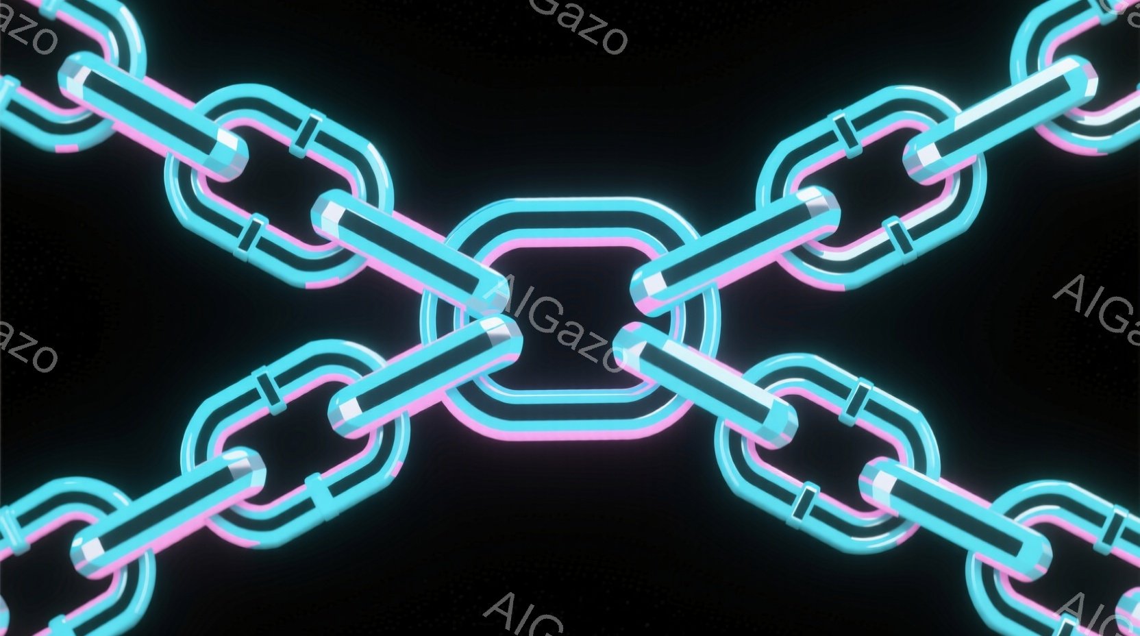 鮮やかなネオンブルーとピンクの光を放つ金属製のチェーンが、黒い背景を占めています。チェーンのリンクは丸みを帯びた形状で、未来的な印象を与えます。 全体的に、クールでミニマルな雰囲気が漂っています。