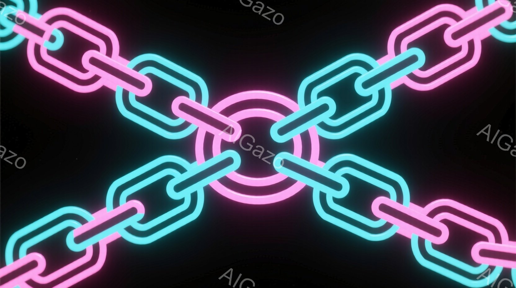 鮮やかなネオンピンクとターコイズブルーのチェーンが黒い背景に交差して配置されている。チェーンは光沢があり、まるで発光しているかのような印象を与える。全体的に未来的で、サイバーパンクな雰囲気を感じさせる - AI生成フリー素材