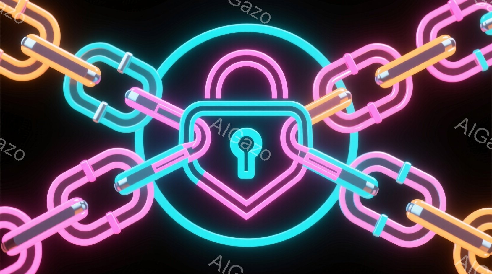 鮮やかなネオンカラーのチェーンが絡み合い、中央にはハート型の南京錠が配置されている。南京錠はターコイズブルーで、ピンク色の縁取りが施され、その奥には鮮やかな光が灯っている。背景は黒色で、チェーンと南京錠のコントラストが際立ち、未来的な雰囲気を醸し出している。