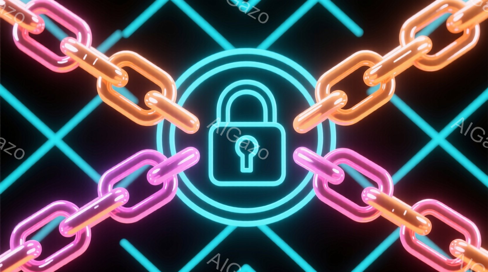 鮮やかなネオンカラーのチェーンが、暗い背景に複雑なパターンを描き出している。中央には、同じくネオンカラーの南京錠が配置され、閉ざされた空間を象徴しているように見える。全体的に未来的な雰囲気で、サイバー - AI生成フリー素材