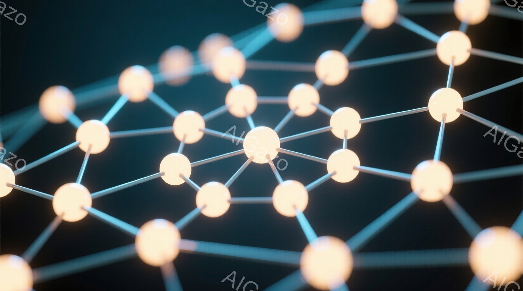 この画像は、互いに接続された明るい球体で構成されたネットワークを表しています。球体は白く輝き、細い灰色の線で結ばれており、まるで分子構造やニューラルネットワークのようです。暗い背景が、球体の光を際立たせており、科学的で未来的な雰囲気を醸し出しています。