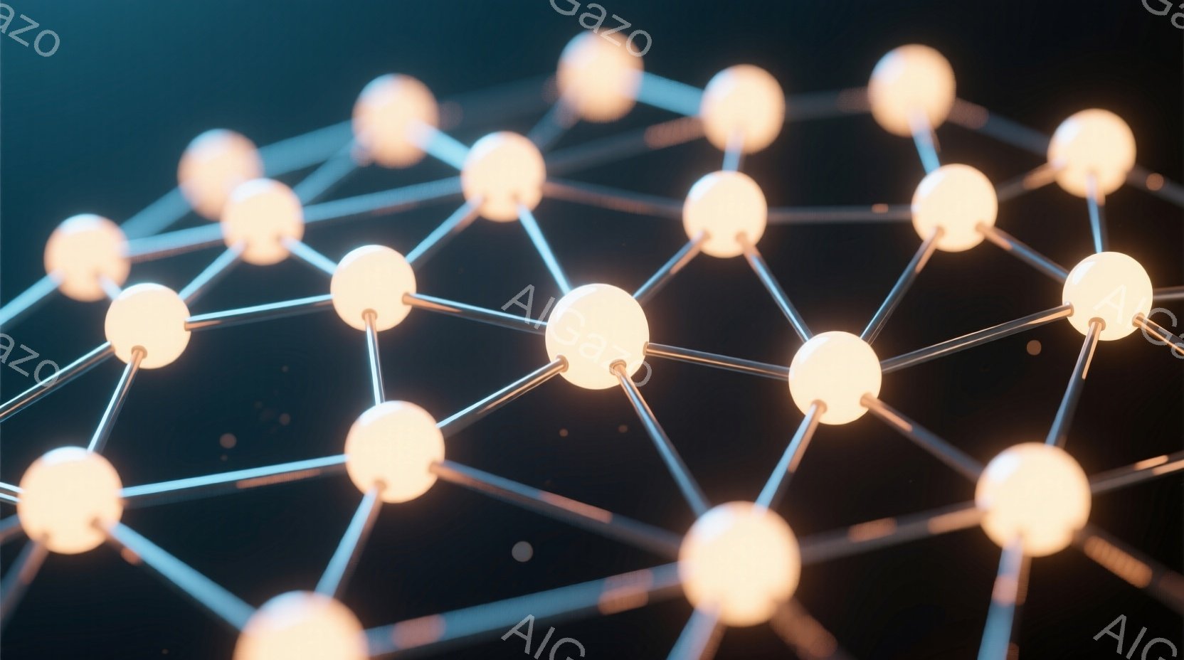 鮮やかなオレンジ色の球体が、細い銀色の線で複雑に繋がって網目状の構造を形成している。背景は暗く、ぼんやりとした光の粒子が散りばめられており、まるで宇宙空間のような奥行きを表現している。全体として、科学 - AI生成フリー素材