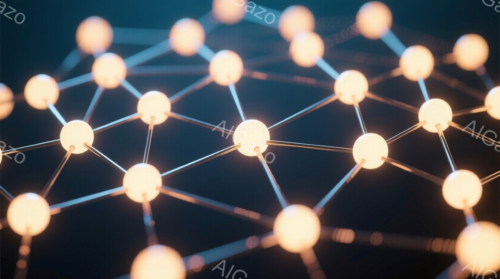 暗い背景に、光る球体同士が線で繋がれたネットワークが描かれている。球体は白く輝き、線は細く、繊細な印象を与える。全体的に未来的な雰囲気で、データや繋がりを象徴しているように見える。