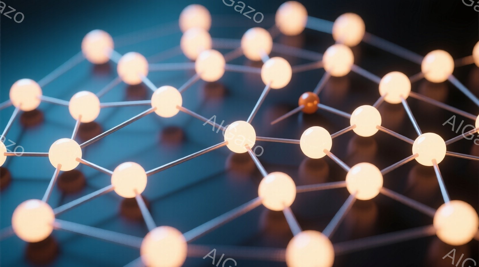 均等に配置された光る球体が、細い金属製の線で繋がったネットワークを形成している。球体は全体的に白く輝き、一部にわずかな色合いの変化が見られるが、金属線は背景と調和する落ち着いたグレー色をしている。この構成は、つながり、テクノロジー、または抽象的な概念の視覚的な表現として捉えられる。