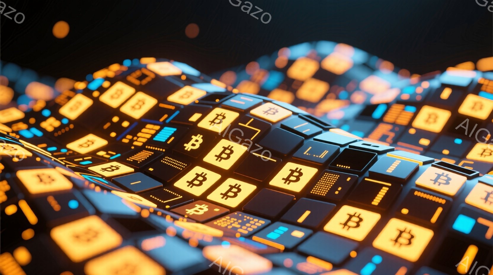 暗い背景に、ビットコインの記号が点灯したキーボードが広がっています。キーはネオンライトのような光を放ち、未来的な雰囲気を作り出しています。キーボードは傾いており、奥行きのある視点で描かれ、鮮やかなオレンジと青の光が印象的です。
