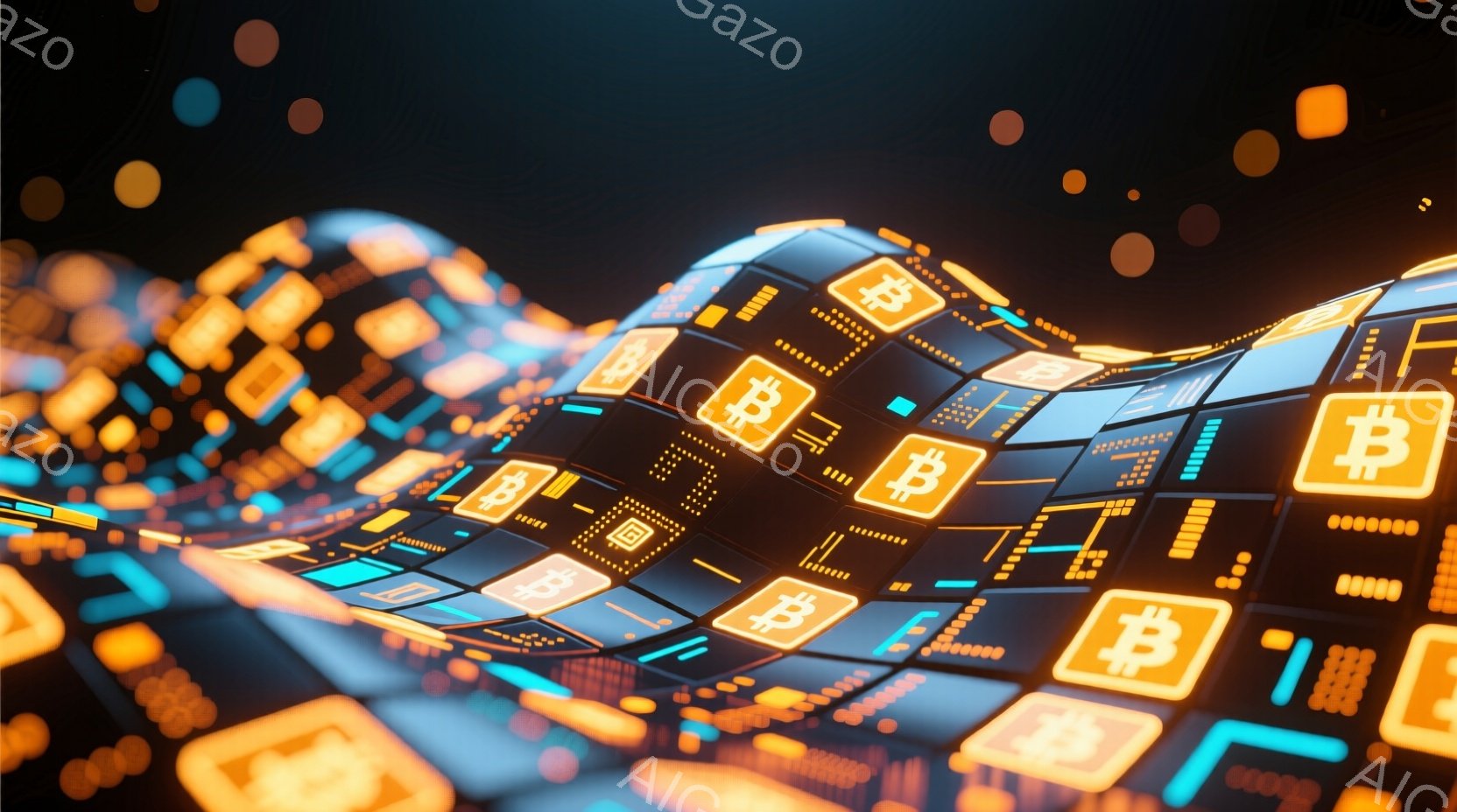 この画像は、暗い背景に浮かぶ、ビットコインの記号が並んだ未来的な回路基板のような構造物を描いています。鮮やかなオレンジと青色の光が基板の各要素を照らし、奥行きと立体感を強調しています。全体的に、暗号通貨とテクノロジーの先進性を表現する、近未来的な雰囲気です。