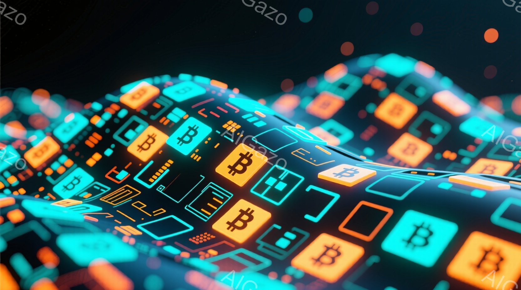 鮮やかなターコイズブルーの背景に、オレンジ色のビットコインや様々なデジタルアイコンが並べられています。アイコンは光沢のある質感で、波打つように配置され、サイバー空間やデジタル通貨を連想させる未来的な雰囲気を醸し出しています。全体として、テクノロジー、金融、そして仮想世界の交差点を表現した抽象的なイメージです。