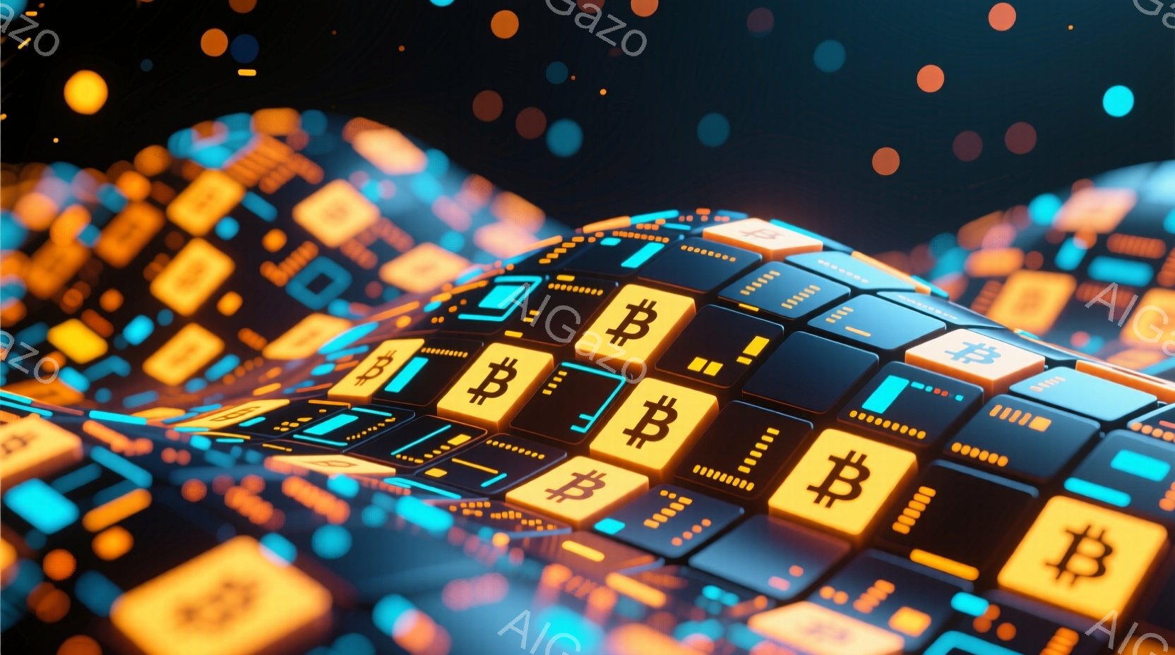 鮮やかなネオンカラーで描かれた仮想的なキーボードが、暗い背景に浮かび上がっている。各キーにはビットコインのロゴが刻印され、キーボード全体が未来的な雰囲気とデジタル通貨の概念を強調している。背景にはぼやけた光の粒子が散りばめられ、奥行きと神秘的な印象を与えている。