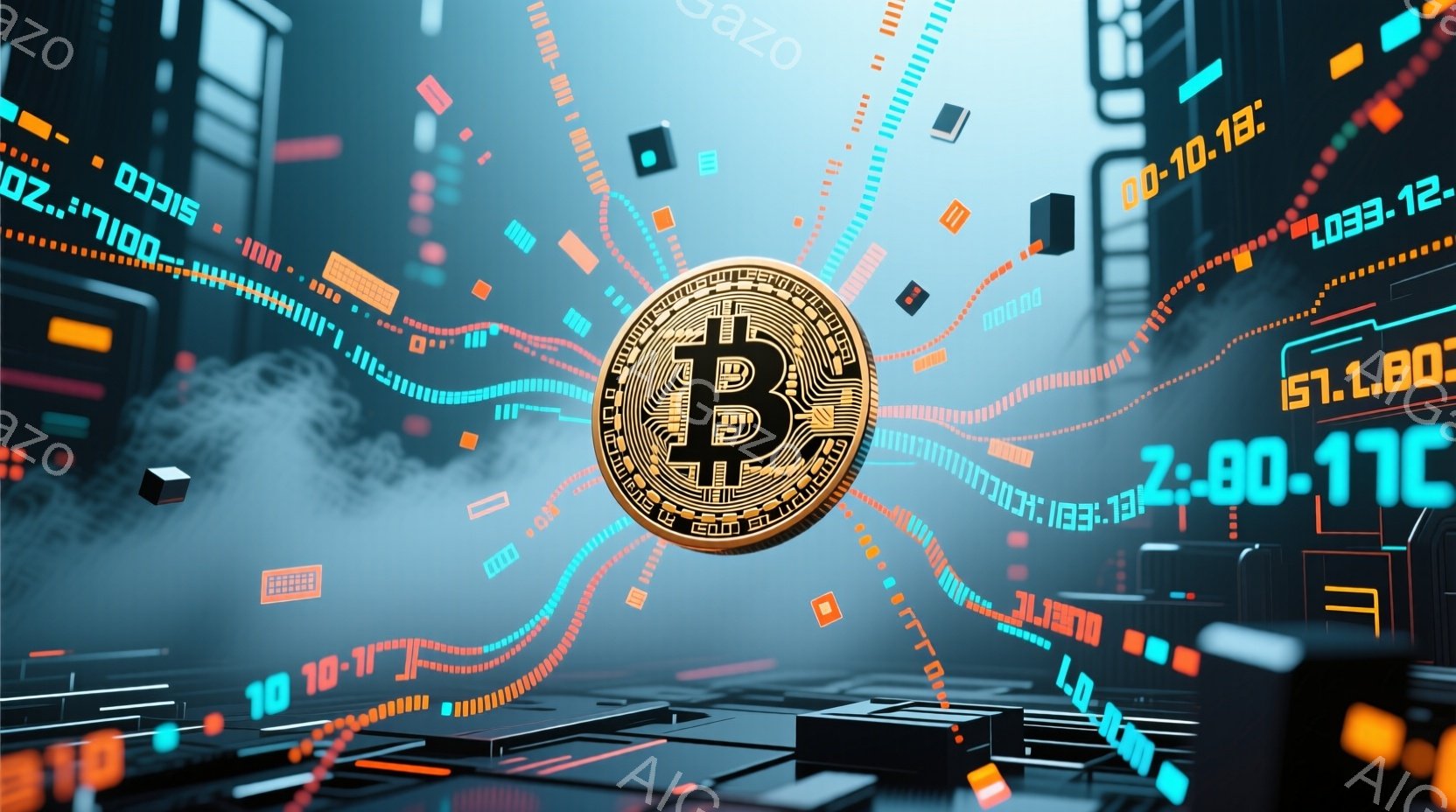 鮮やかなターコイズブルーの背景に、ビットコインのロゴが大きく中央に配置されています。周囲には、データストリームのような赤い線や、発光する立方体状のオブジェクトが浮遊し、サイバー空間を思わせる未来的な雰囲気を醸し出しています。全体的に、テクノロジー、金融、そしてデジタル世界の融合を象徴するイメージです。