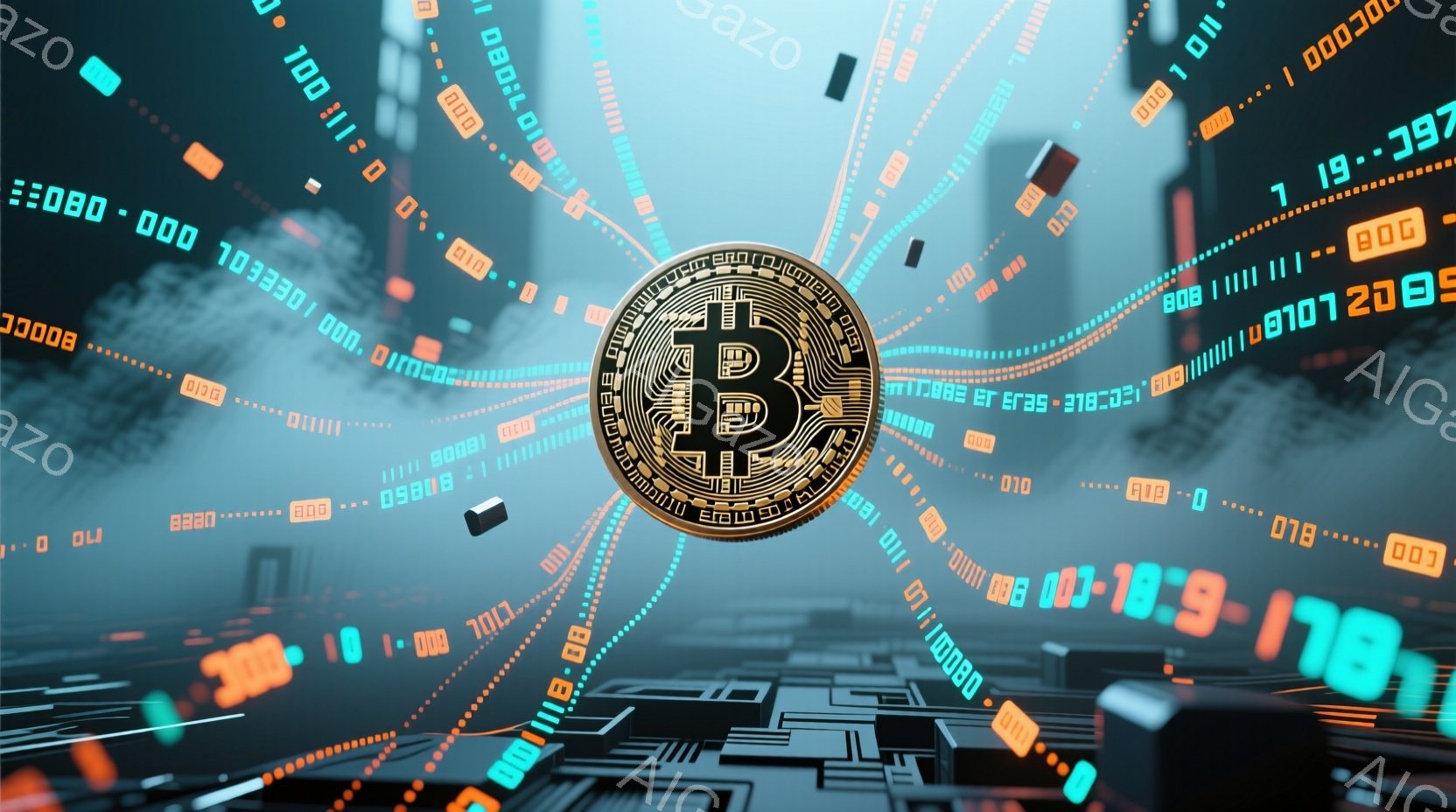 この画像は、暗号通貨のビットコインを中央に配置し、周囲にデジタルコードが散りばめられた未来的な構成となっています。高層ビル群がぼやけて背景に見え、全体的に青と緑の光がデジタル空間を演出しています。ビットコインとその周りのコードは、金融テクノロジーの進歩とデジタル経済の台頭を象徴しているようです。