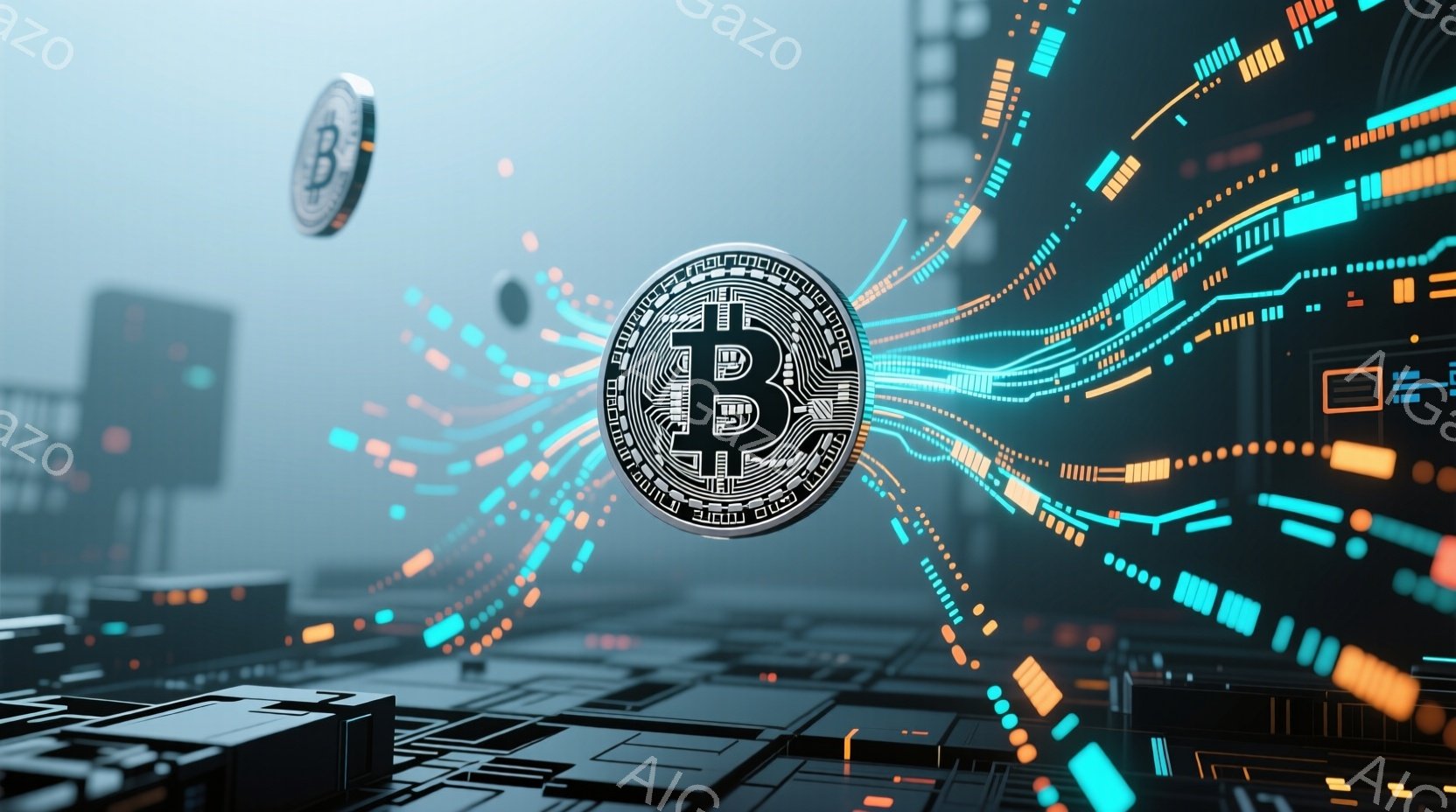 画像は暗い背景に浮かぶビットコインのロゴを中心に、サイバー空間を表現したものです。ロゴの周囲には、青やオレンジの光の線が放射状に広がり、複雑なデジタル回路のようなパターンが描かれています。背景にはぼや - AI生成フリー素材