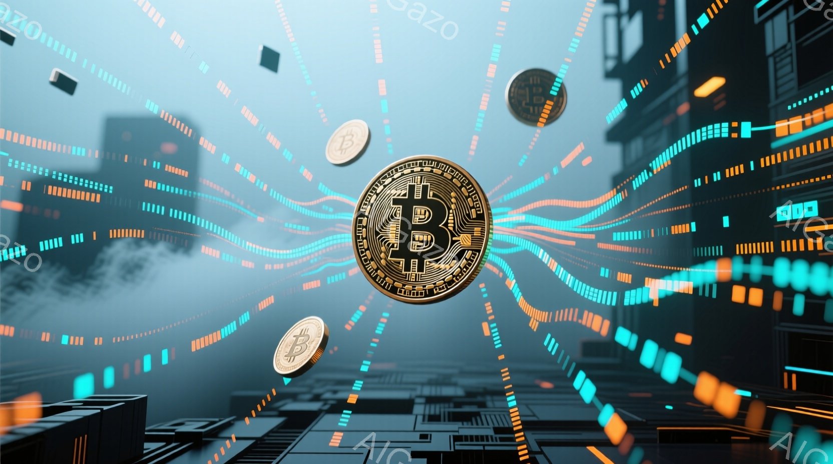 この画像は、未来的な都市景観を背景に、ビットコインのアイコンが複数浮かんでいる様子を描いています。鮮やかなネオンカラーの線が都市全体を覆い、サイバーパンクのような雰囲気を醸し出しています。全体的に、テクノロジーと金融が融合した、革新的な未来を想起させるイメージです。