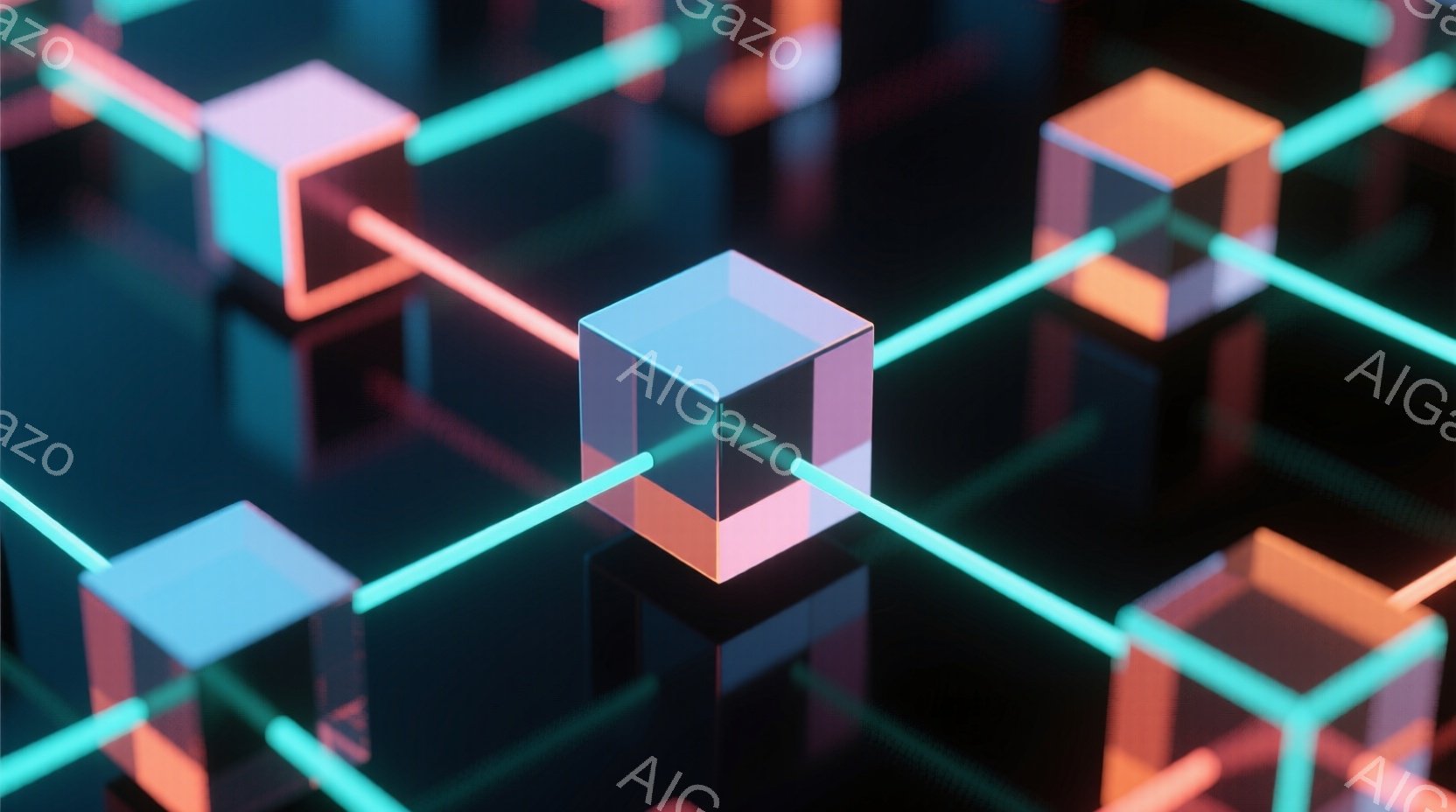 鮮やかなネオンカラーの立方体が、まるで未来都市の構造物のように配置されています。細い光のラインが立方体を繋ぎ、複雑なネットワークを形成しており、全体的にサイバーパンクやデジタルアートのような印象を与え - AI生成フリー素材