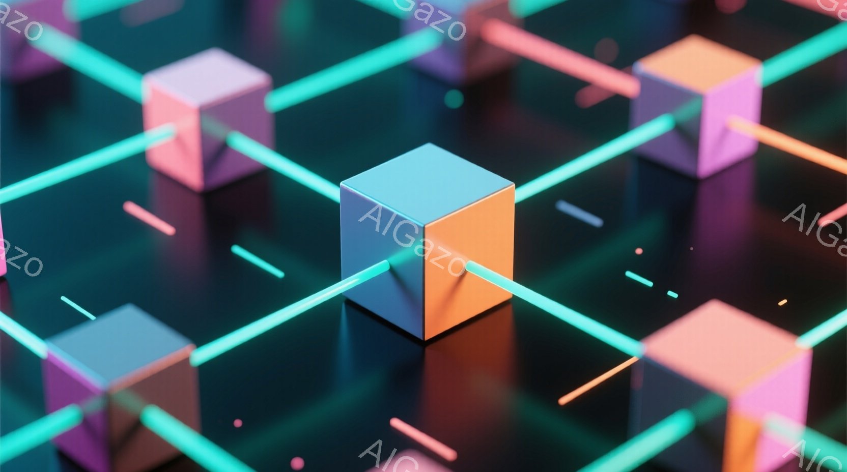 この画像は、鮮やかな色彩の立方体が不規則に配置された抽象的な構図です。立方体はオレンジ、ピンク、水色などの色をしており、ネオンカラーの線がそれらを繋いでいます。全体的に未来的な雰囲気で、光沢のある表面が反射して幻想的な空間を創り出しています。