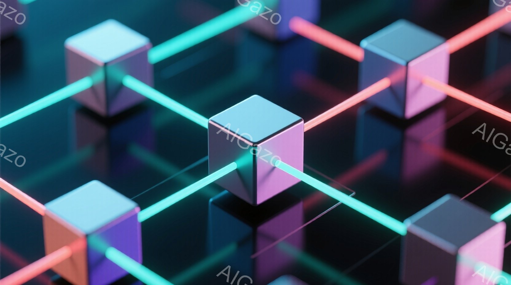 鮮やかなネオンカラーの光の線が、立方体同士を結びつけている抽象的な画像です。立方体は光沢があり、反射していて、まるで未来的なネットワークや回路を表現しているかのようです。全体的に暗い背景が、ネオン光の輝きを強調し、サイバーパンク的な雰囲気を作り出しています。