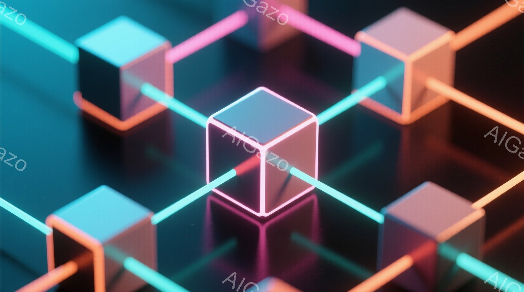 鮮やかなネオンカラーのキューブが複雑に絡み合い、未来的な抽象空間を形成している。それぞれのキューブはターコイズブルー、ホットピンク、オレンジ色で縁取られ、光沢のある黒い背景に浮かび上がっている。全体的に、洗練された、サイバーパンク的で、幾何学的な雰囲気を持つ作品である。