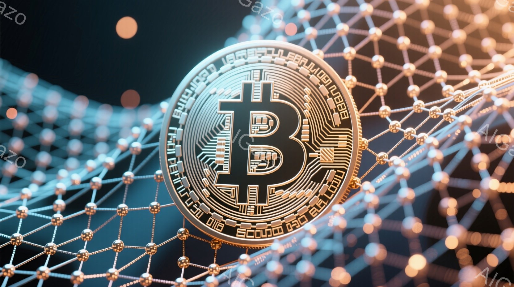 この画像は、金色のビットコインのシンボルが、複雑なネットワーク状の光の線で構成された背景に浮かび上がっています。ビットコインは中央に大きく配置され、その周りを細い光の線が網の目のように繋いでいます。全 - AI生成フリー素材