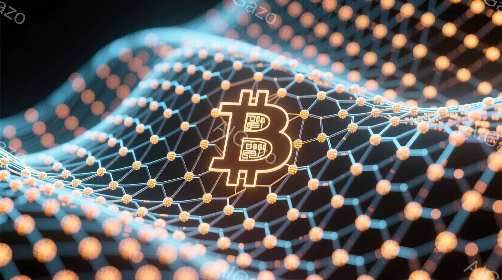 鮮やかなオレンジ色の光を放つビットコインの記号が、複雑な接続された点のネットワークの上に浮かび上がっています。ネットワークは青とオレンジの光の線で構成され、奥行きと動きを感じさせます。全体的に、技術、接続性、そしてデジタル通貨の世界を象徴するような、未来的な雰囲気を醸し出しています。