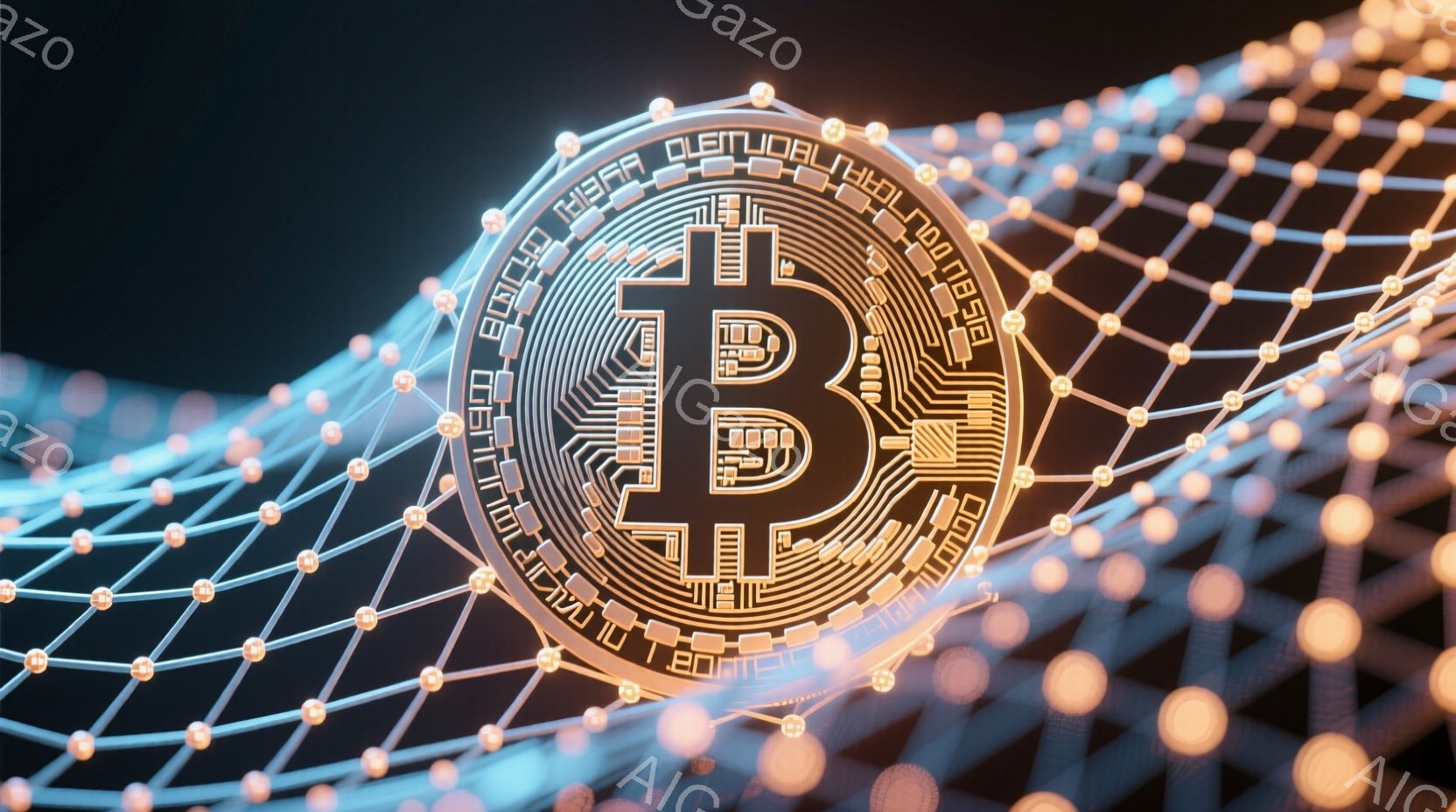 画像は、ビットコインのロゴが複雑な回路基板のようなデザインで描かれ、背景には光るノードが網の目のように繋がったネットワークが広がっています。ロゴは金色で輝き、回路のディテールは精密さを強調しています。 - AI生成フリー素材