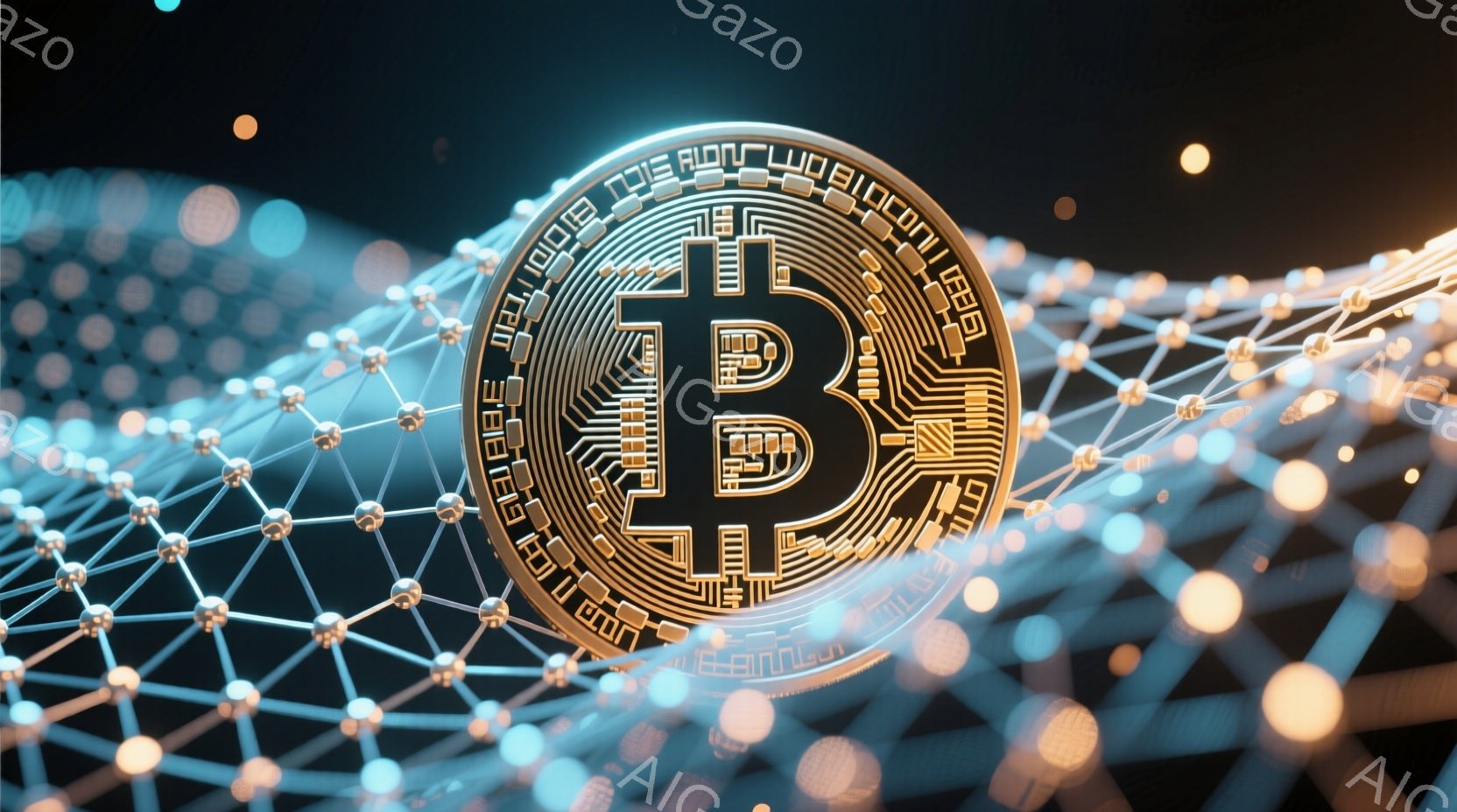 鮮やかな背景にビットコインのシンボルが大きく配置されています。背景は、光る線で構成されたネットワークで、複雑な繋がりを表現しています。全体的に未来的な雰囲気で、暗号通貨やブロックチェーン技術を連想させるイメージです。