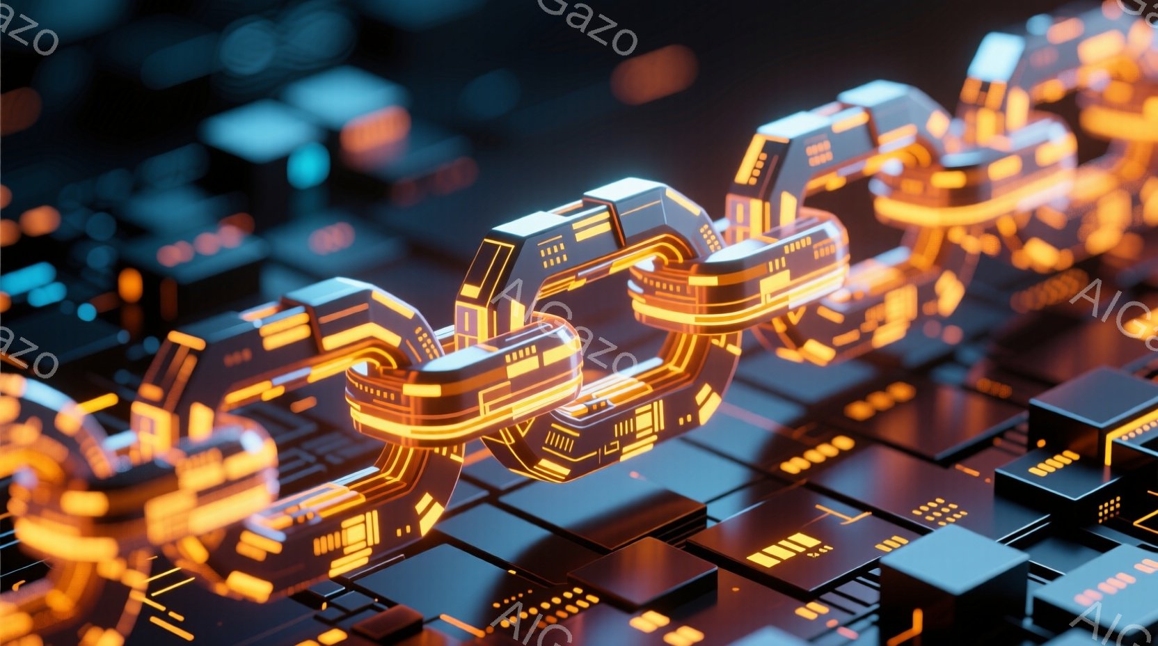 この画像は、未来的な回路基板のような複雑な構造が広がる様子を捉えています。鮮やかなオレンジ色の光が回路の溝や端を照らし、暗い背景とのコントラストが際立っています。全体的に、テクノロジー、エネルギー、そ - AI生成フリー素材