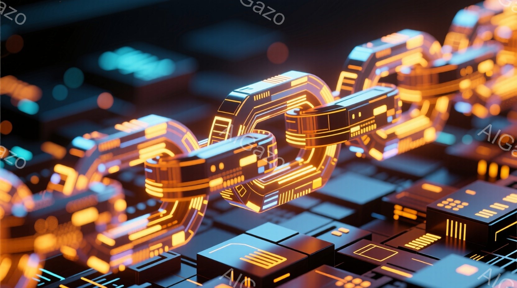 この画像は、未来的な回路やブロックで構成された連鎖的な構造を描写しています。明るいオレンジ色の光が回路を照らし、暗い背景とのコントラストが強調されています。全体的にテクノロジー、接続性、そしてデータフ - AI生成フリー素材