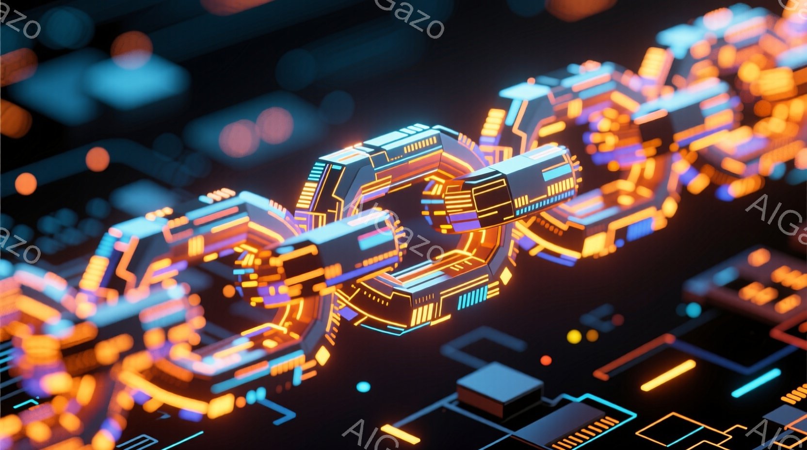 この画像は、複雑な回路や配線のような構造が組み合わさって構成された、未来的なデザインの視覚表現です。オレンジ色と青色のネオンライトが光り、黒色の背景に鮮やかなコントラストを生み出しています。全体として、テクノロジー、ネットワーク、デジタル世界の象徴のような、洗練された雰囲気を持っています。