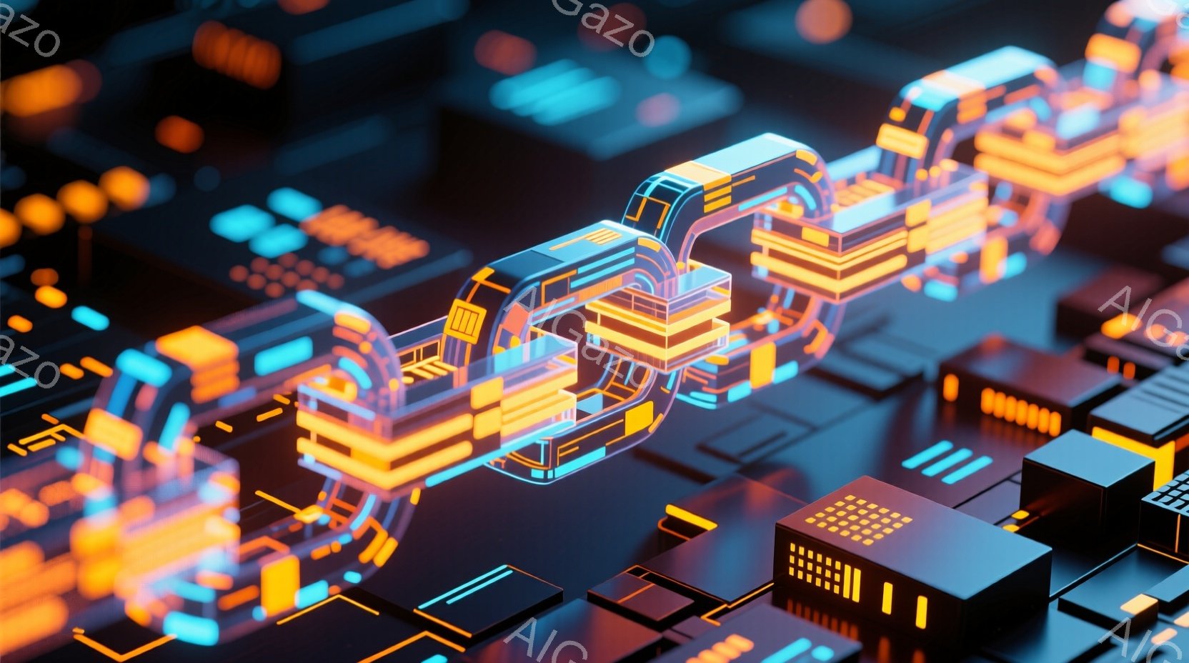 この画像は、未来的な回路基板のような構造が特徴的で、鮮やかなオレンジと青色のネオンライトで照らされています。幾何学的な形状の構造物が密集しており、まるで未来都市の俯瞰図のようです。全体的に、テクノロジーとエネルギーが融合した、サイバーパンク的な雰囲気を醸し出しています。